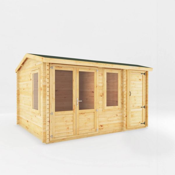 4.1 x 3 m Home Office Elite Log Cabin with Side Shed - 44 mm - Wood/Glass - L314.3 x W416.5 x H260 cm