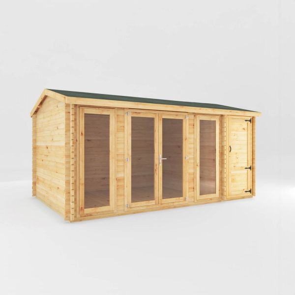 5.1 x 3 m Home Office Studio Log Cabin with Side Shed - 44 mm - Wood/Glass - L314.2 x W516.9 x H260 cm