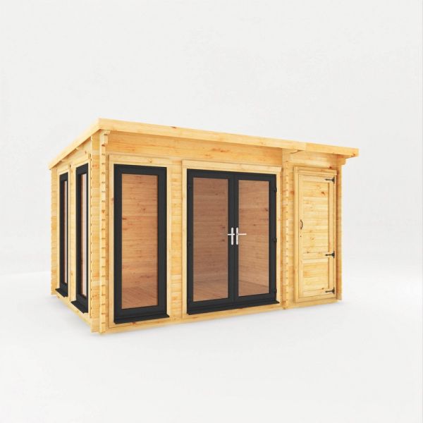 4.1 x 3 m Studio Pent Log Cabin with Side Shed with UPVC Windows and Doors - 44 mm - Timber - L333.5 x W414.1 x H249.4 cm - Brown