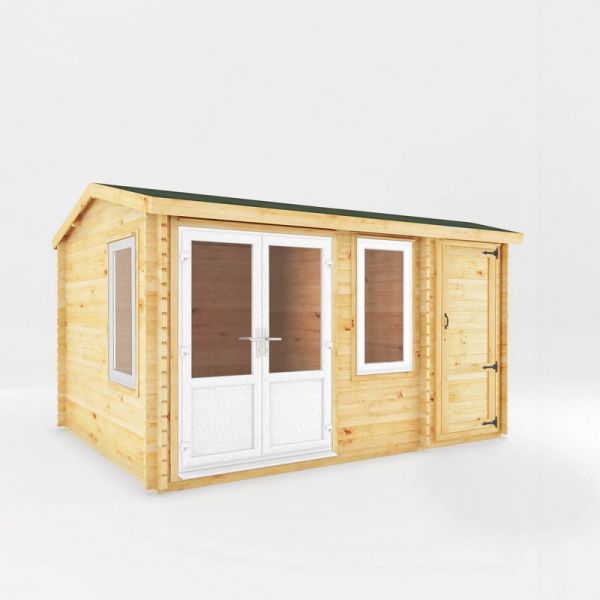 4.1 x 3 m Home Office Elite Log Cabin with Side Shed, White UPVC Windows & Doors - 44 mm Timber - L314.3 x W416 x H260 cm - Brown