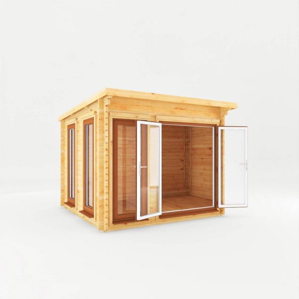 3 x 3 m Studio Pent Log Cabin with Oak UPVC Windows and Doors - 44 mm - Timber - L333.4 x W303.2 x H249.4 cm - Brown
