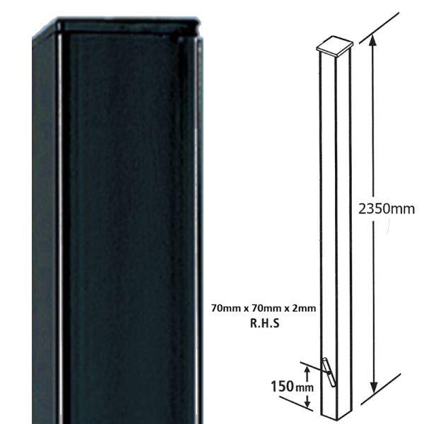 Square Flat Top Concrete-In Blank Post, Any Tall Gates - Solid Steel - L70 x W70 x H2350 mm - Electro Galv./Black Powder Coated
