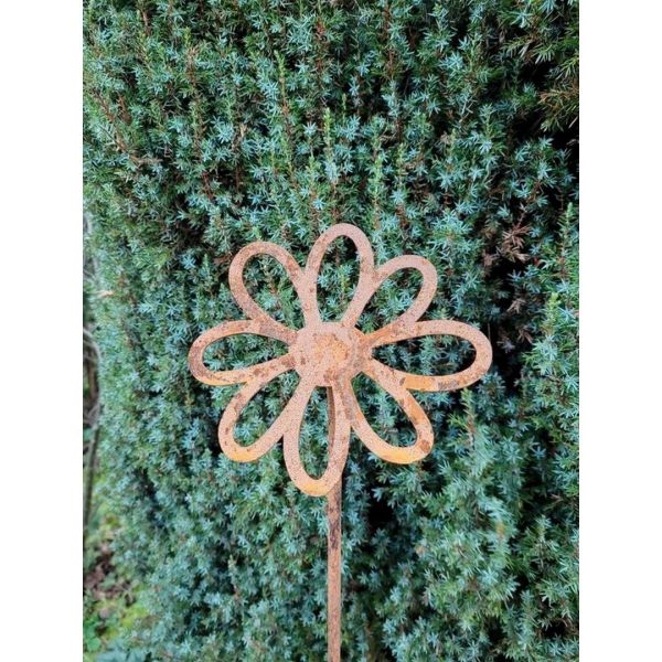 3 Feet Flowering Daisy Plant Pin Garden Art (Pack of 3) - Bare Metal/Ready to Rust