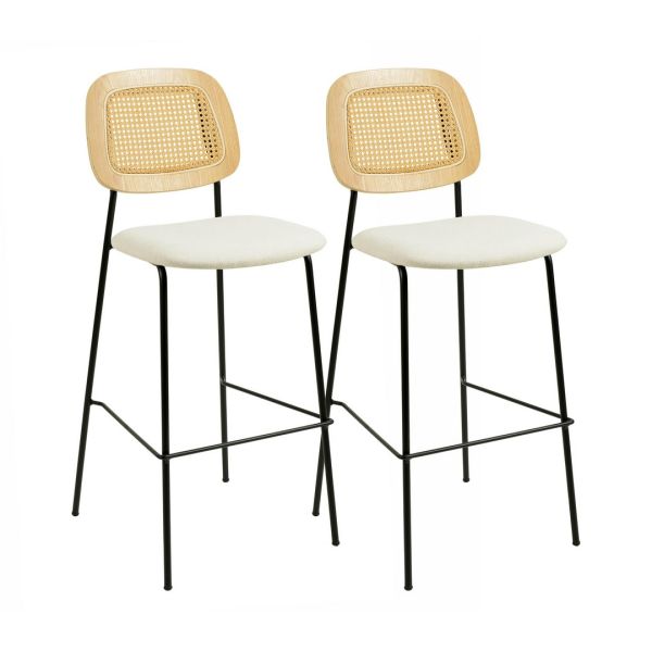 Anais Counter Stool - Set of 2 - Ash/Iron/Linen/Natural Rattan - L51.6 x W45.7 x H99.1 cm - Brown/White