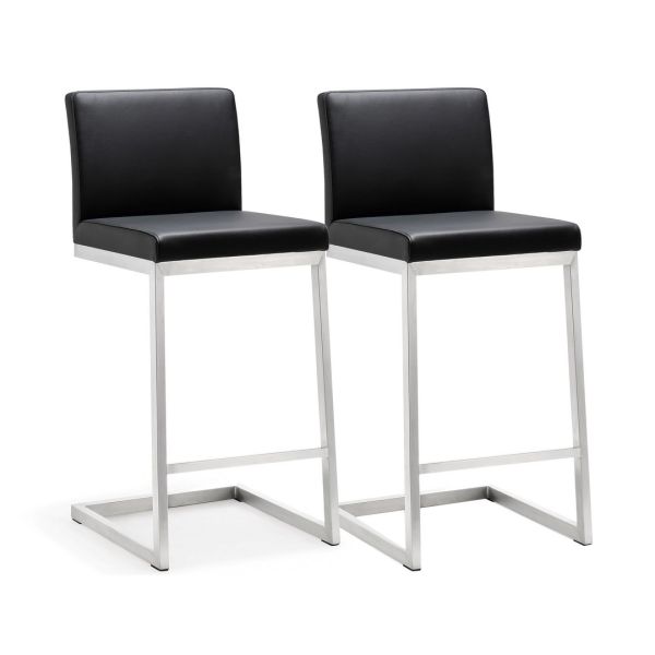 Parma Counter Stool - Set of 2 - Stainless Steel/Vegan Leather - L50.8 x W40 x H91.9 cm - Black