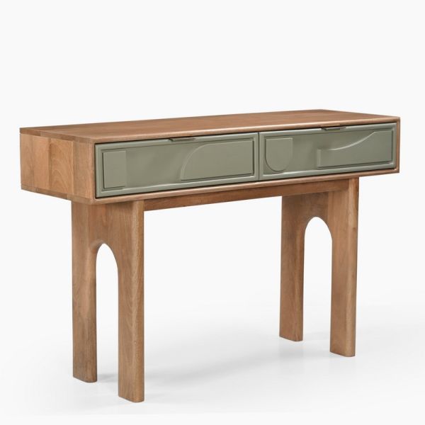 Pixel Two Drawer Console Table - Mango Wood/MDF - L115 x W40 x H76 cm - Sage Green/Walnut