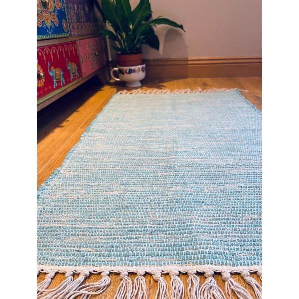 Hush Hand Loomed Soft Rug in Muted Colours - Cotton - L60 x W90 cm - Turquoise