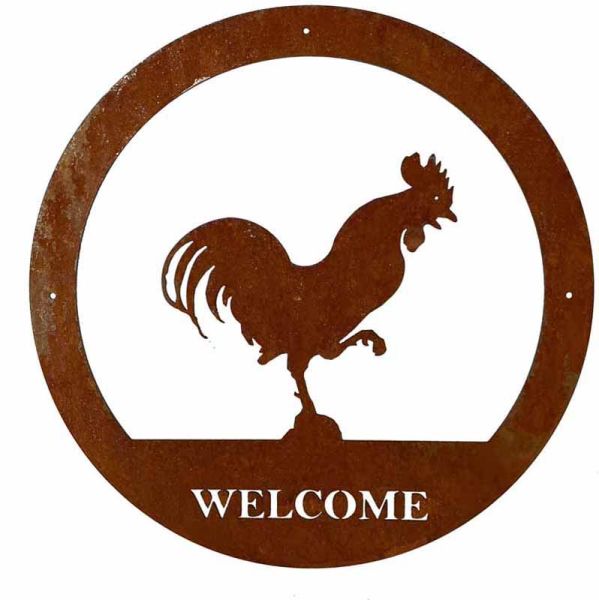 Cockerel Welcome Wall Art - Small - Steel - W29.5 x H29.5 cm - Bare Metal/Ready to Rust