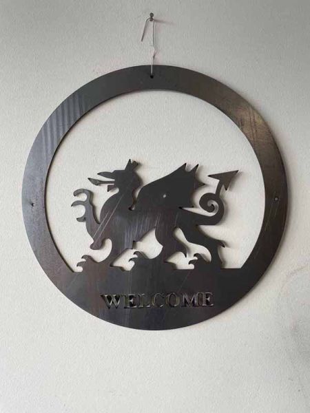 Welsh Dragon Welcome Wall Art - Small - Steel - W29.5 x H29.5 cm - Bare Metal/Ready to Rust