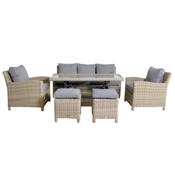 Wentworth 7 Seater 6 Pc Sofa Dining Set with Adjustable Height Table - Synthetic Rattan - H68 x W150 x L80 cm - Beige