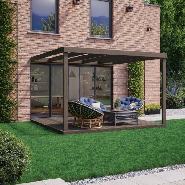 Box Wall Mounted Pergola and Decking Kit - Wood - L240 x W240 x H270 cm - Rustic Brown