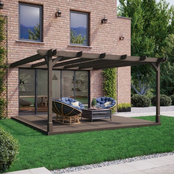 Wall Mounted Double Premium Pergola and Decking Kit - Wood - L240 x W240 x H270 cm - Rustic Brown