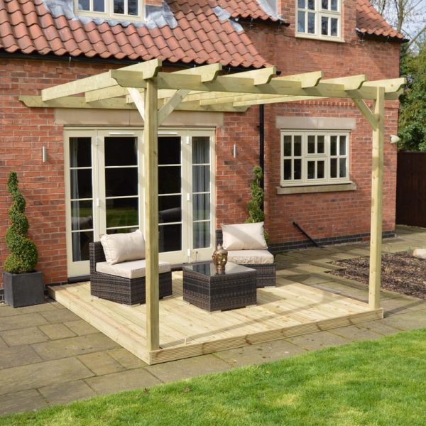 Wall Mounted Garden Pergola and Decking Kit - Wood - L480 x W480 cm - Light Green