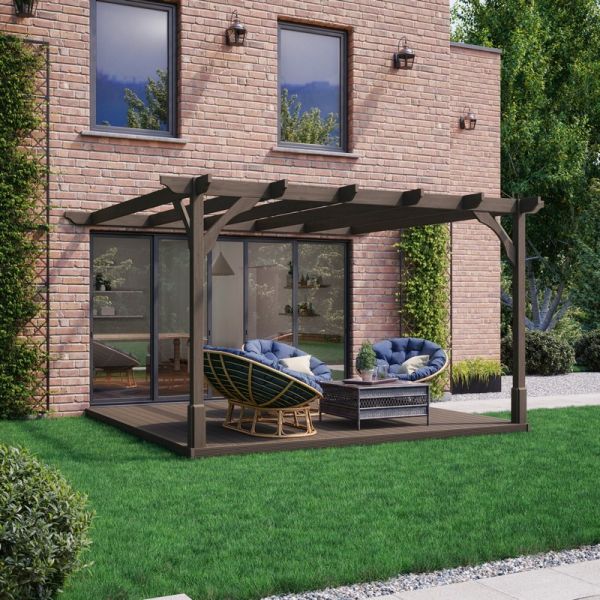 Premium Wall Mounted Pergola and Decking Kit - Wood - L240 x W240 x H270 cm - Rustic Brown