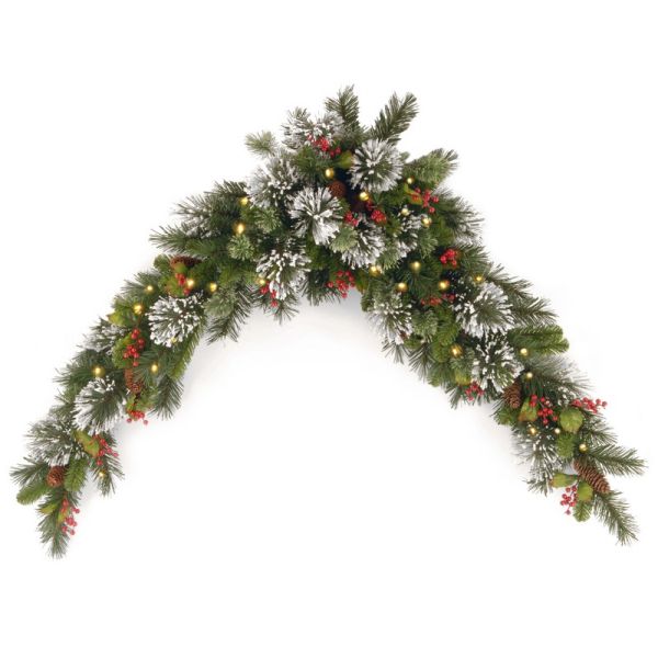 6 Feet Wintry Pine Cones, Red Berries and Snowflakes Mantel Swag with 50 Warm Battery Operated LED Lights and Timer - White
