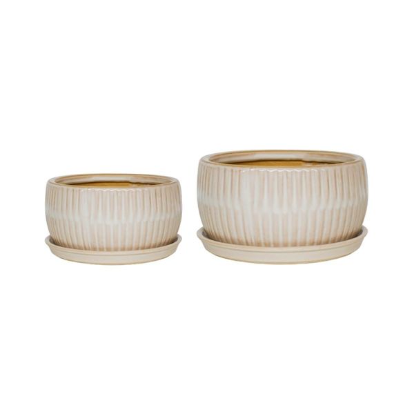 Round Bonsai Planter Set of 2 - Cement - L24.5 x W24.5 x H12 cm - White