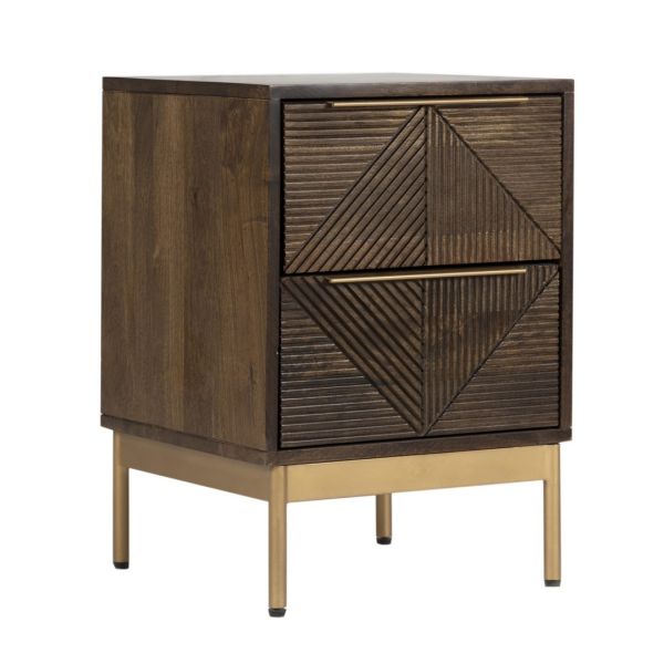Zaine Carving 2 Drawer Bedside Table - Mango Wood - L38 x W38 x H54 cm - Dark Finish