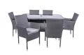 MALAGA 6 Seater Rectangular Stacking Dining Set 150x90cm Table with Black Glass Top, 6 Stacking Nest Base Chairs including Cushions